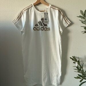 adidas White Tee Dress with Leopard Logo and Gold Stripes